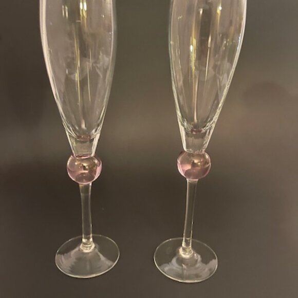 Pair of Elegant Champagne Flutes – 9.5" Tall, Long Stem with Pink Ball Decor - Picture 7 of 8